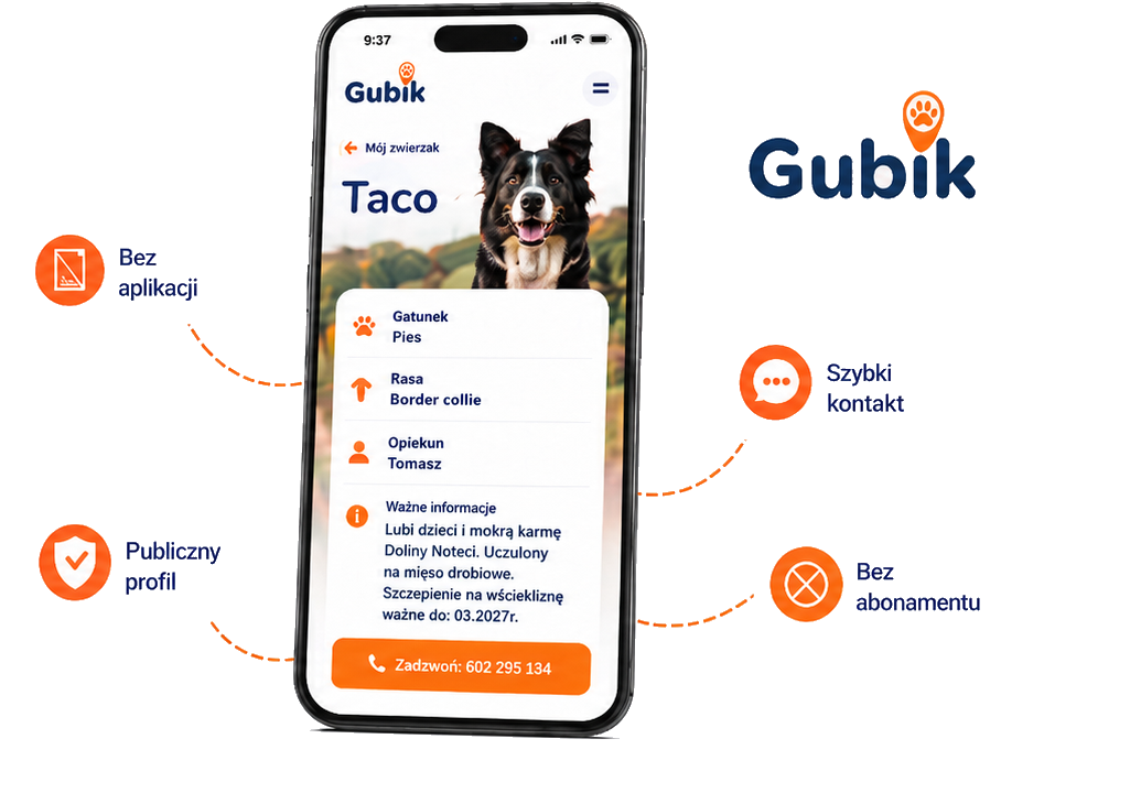 Smartfon z profilem zwierzęcia w Gubik oraz wyróżnikami: bez aplikacji, publiczny profil, szybki kontakt i bez abonamentu.